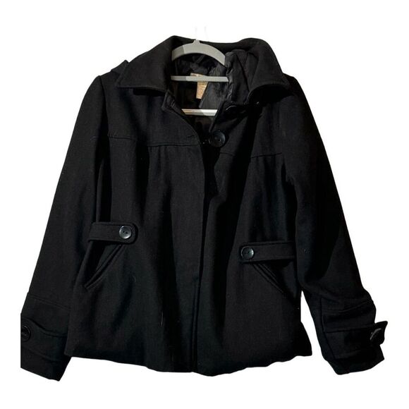 Paris Blues Y2K Black Pea Coat Size L Wool Blend Button Belted Removable Hood - Picture 1 of 9